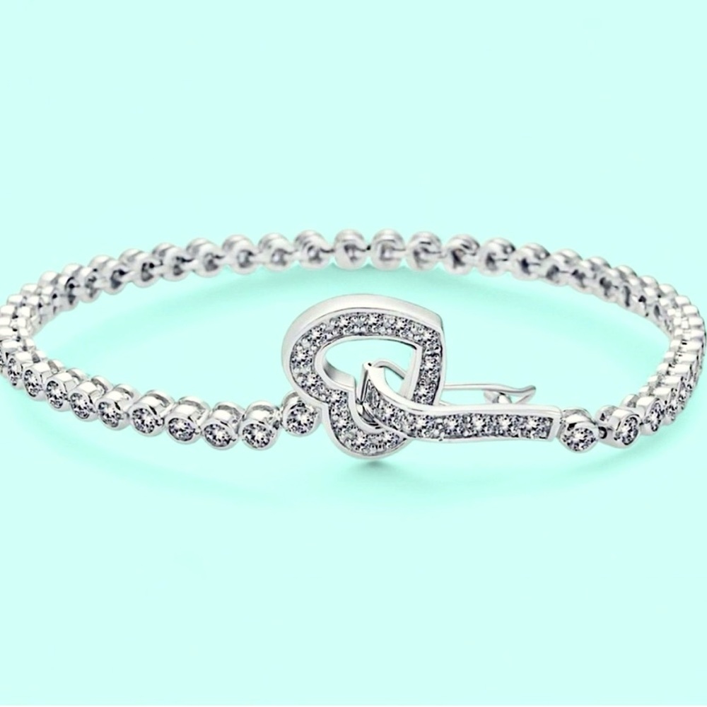 Exquisite 925 Sterling Silver & CZ Open Heart Tennis Bracelet (NWOT)